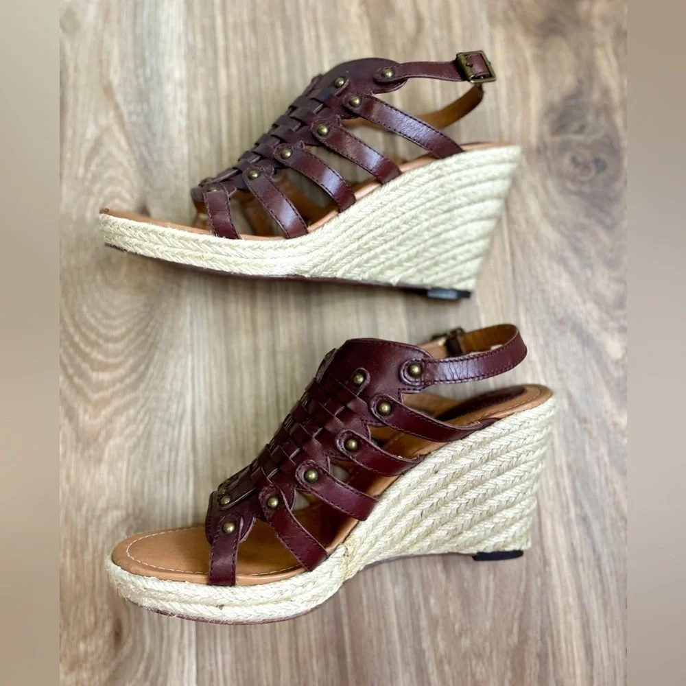 Fossil Women's Cassidy Woven Sand Wedge Sandals Brown Leather Size 9 M EUC